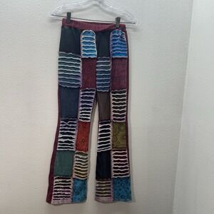Katmandu Patchwork Boho Hippie Flare Pants Festival Indie Sz S Pull On Stretch